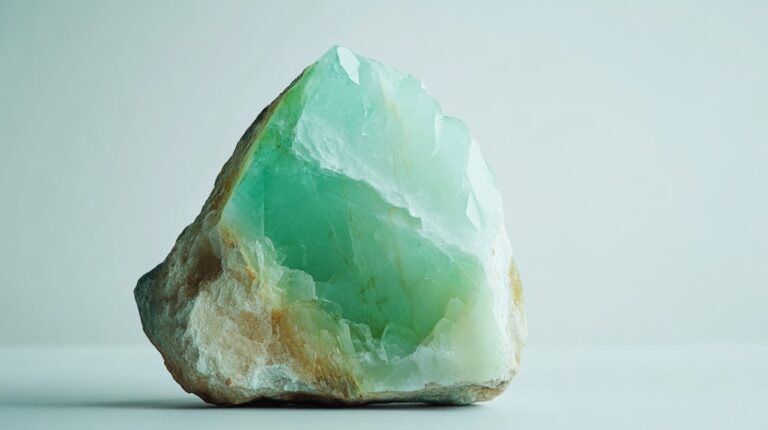 A raw chrysoprase stone showcasing its natural green hue and crystalline structure, with visible earthy inclusions, against a light background.