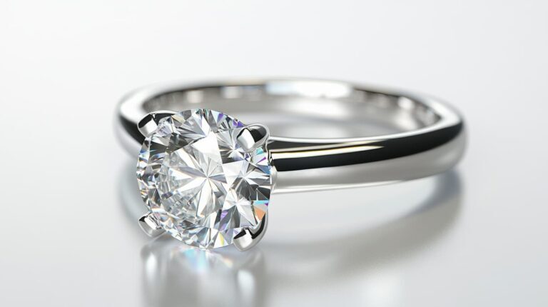 Classic diamond solitaire engagement ring with a sleek silver band, featuring a brilliant round-cut diamond centerpiece.