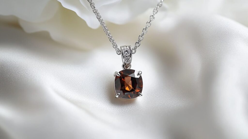 A silver necklace with a cushion-cut Axinite gemstone and small diamond accents, resting on a silky white fabric background.