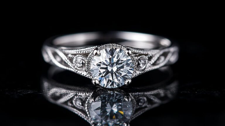 Vintage-style diamond engagement ring with intricate metalwork and a brilliant round-cut diamond centerpiece, highlighting luxury craftsmanship.