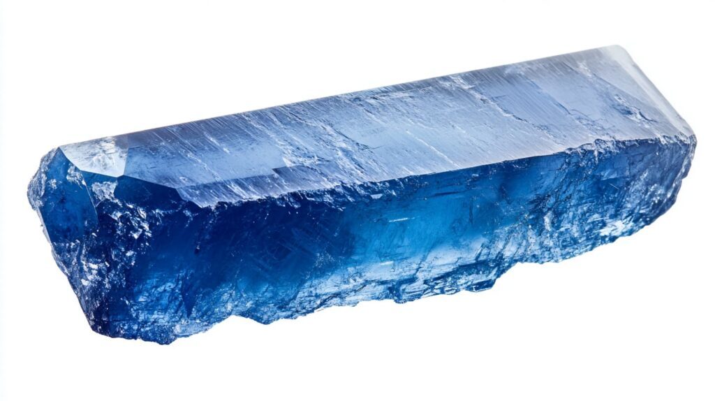 An elongated Maxixe beryl crystal displaying vivid blue color and rough edges, showcasing the stone's natural radiation-induced hues.