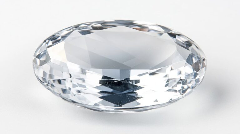 A close-up view of a faceted Goshenite gemstone showcasing its colorless clarity and brilliant cut design.
