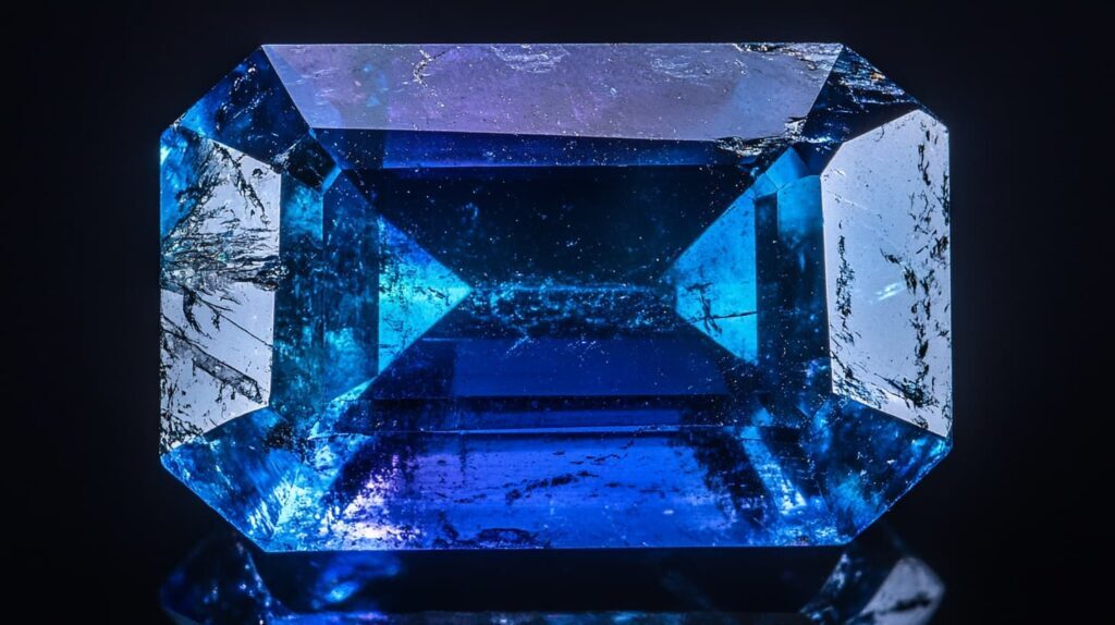 A faceted Maxixe beryl gemstone with deep blue saturation, exhibiting exceptional clarity and brilliance under light.