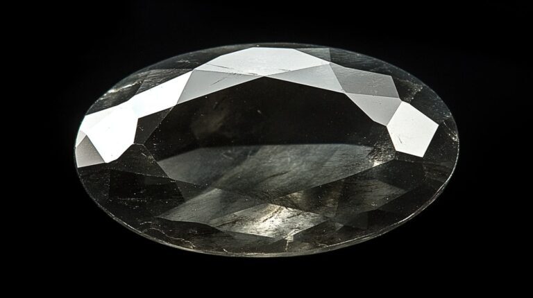Close-up of a faceted oval-cut Musgravite gemstone showcasing its clarity and unique reflective properties on a dark background.