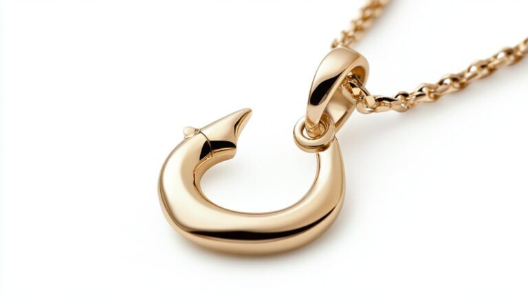 Modern gold fish hook necklace with a sleek, minimalist design, symbolizing resilience, prosperity, and connection to the sea.