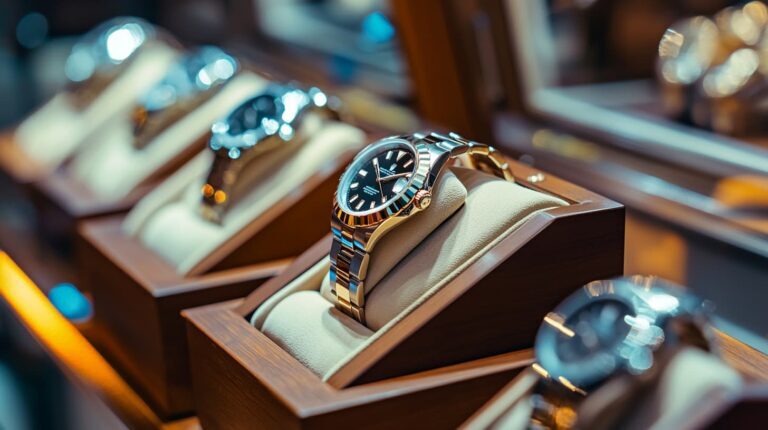 Gold luxury wristwatch displayed in a padded holder, showcasing proper storage for preserving the watch's aesthetic and mechanical integrity.