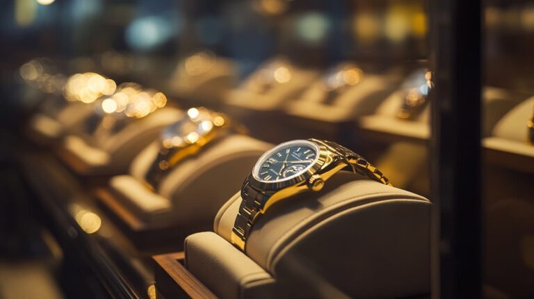 A close-up of a gold Swiss watch elegantly presented in a display case, highlighting its polished finish and timeless design against a backdrop of other premium timepieces.