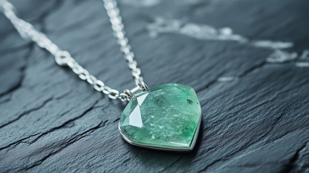 Heart-shaped green beryl pendant set in silver, displayed on a textured slate surface.
