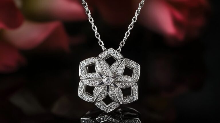 Elegant diamond floral pendant necklace crafted with an invisible setting, showcasing intricate geometric design and seamless gemstone arrangement.