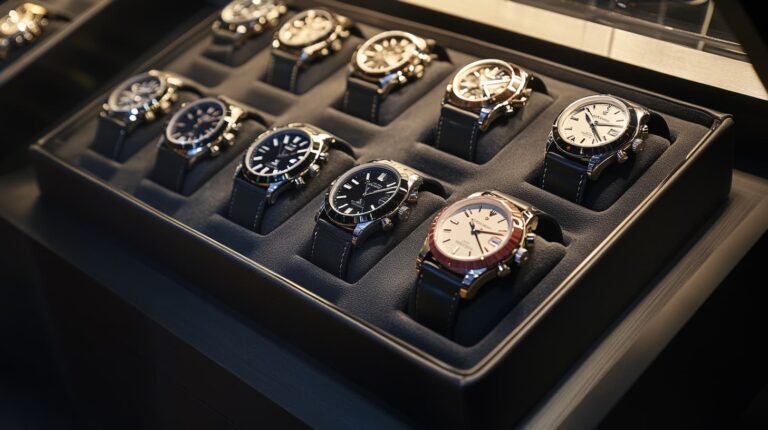 Showcase of Japanese wristwatches in a display tray, featuring a variety of designs, including leather straps and metallic bracelets.