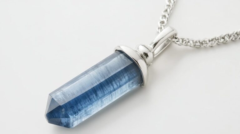 A kyanite crystal pendant featuring a deep blue hue, encased in a silver setting, and hanging on a silver chain, shown against a white background.