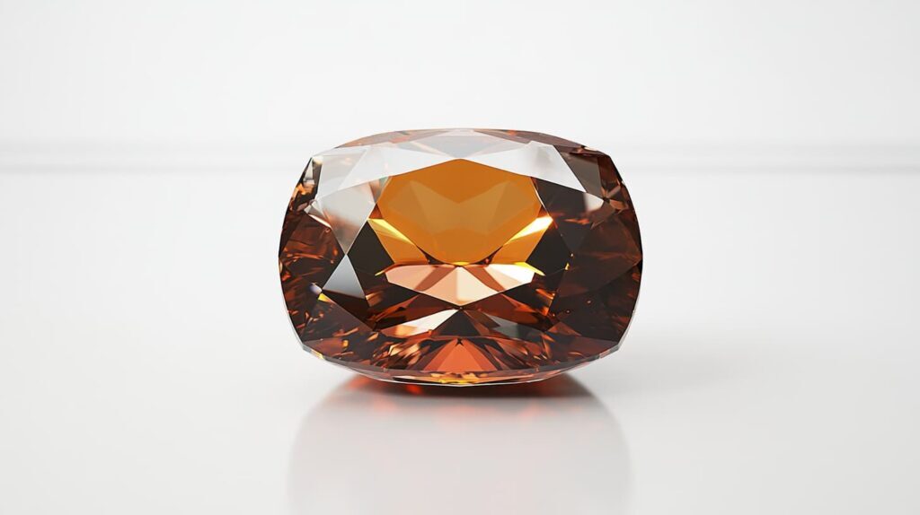 A faceted Kyawthuite gemstone with an orangish-brown hue, showcasing its brilliance and rarity as the world's only known specimen.