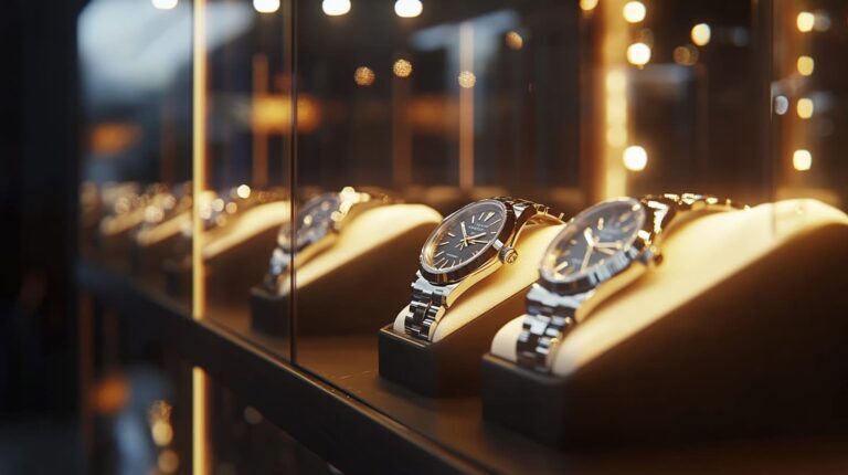 A collection of affordable Swiss watches with stainless steel bracelets displayed elegantly in a glass case, illuminated by warm lighting.