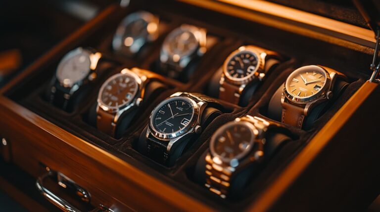 A neatly organized collection of luxury watches in a wooden display case, featuring a variety of high-end mechanical timepieces, ideal for investment and collecting purposes.