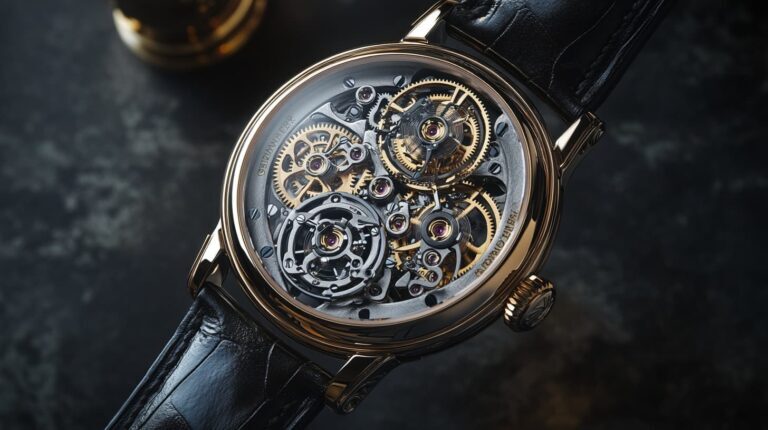 Close-up of a luxury skeleton mechanical watch, revealing the intricate gears, balance wheel, and jewels of the movement through a transparent case back.