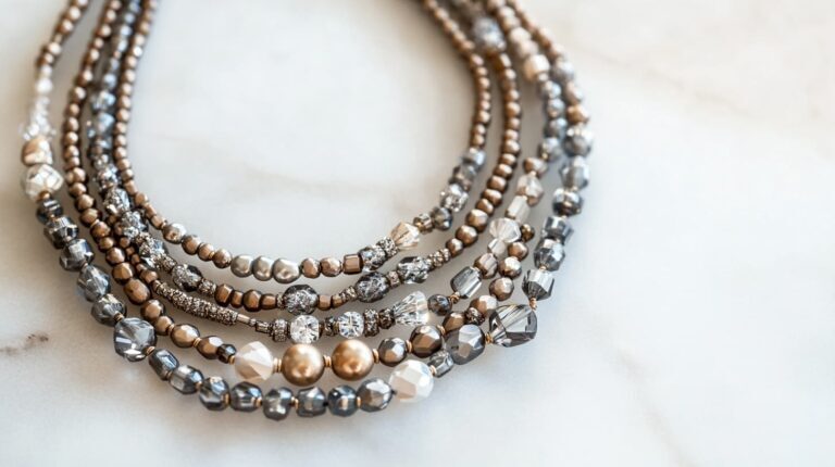 A multi-strand metallic necklace featuring beads in gold, silver, and bronze, highlighting the artistic versatility of beading techniques.