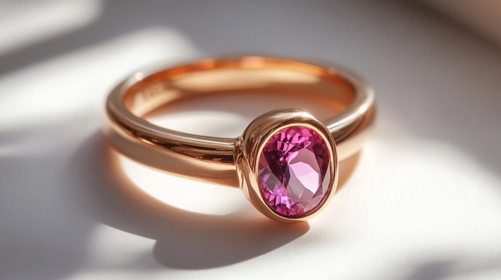 Beautiful rose gold ring with an oval-cut pink spinel gemstone in a bezel setting, illuminated by soft natural light.