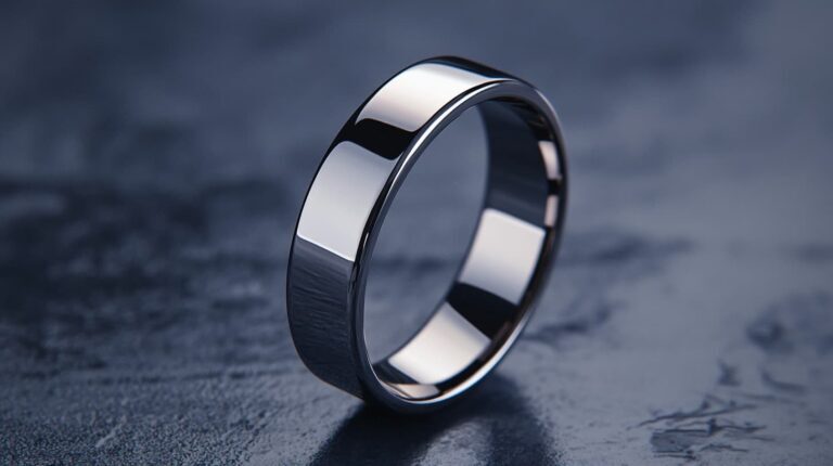 Shiny tungsten carbide wedding ring with a polished mirror-like finish, set against a dark textured background.