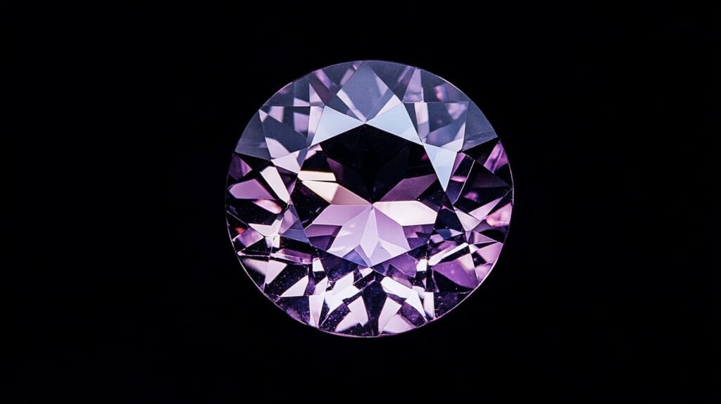 Close-up of a faceted purple spinel gemstone with brilliant reflections against a black background.