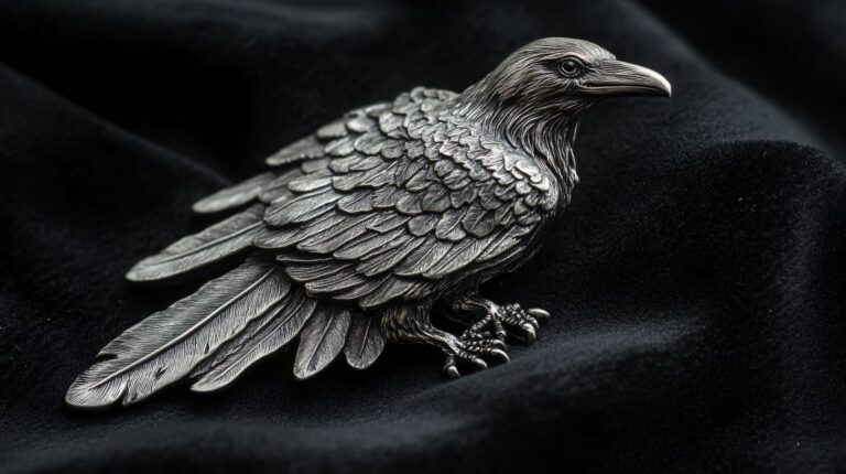 Close-up of a detailed silver raven brooch with intricate feather patterns, representing intelligence and protection in jewelry.