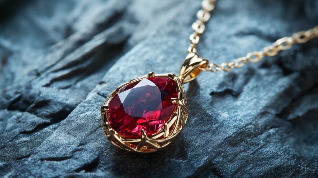 A stunning Red Beryl gemstone pendant in a gold setting, displayed on a chain against a textured rock background.