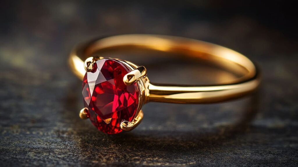 A rare red beryl gemstone in an oval cut, set in a polished gold ring, highlighting its vibrant raspberry-red color and elegant craftsmanship.