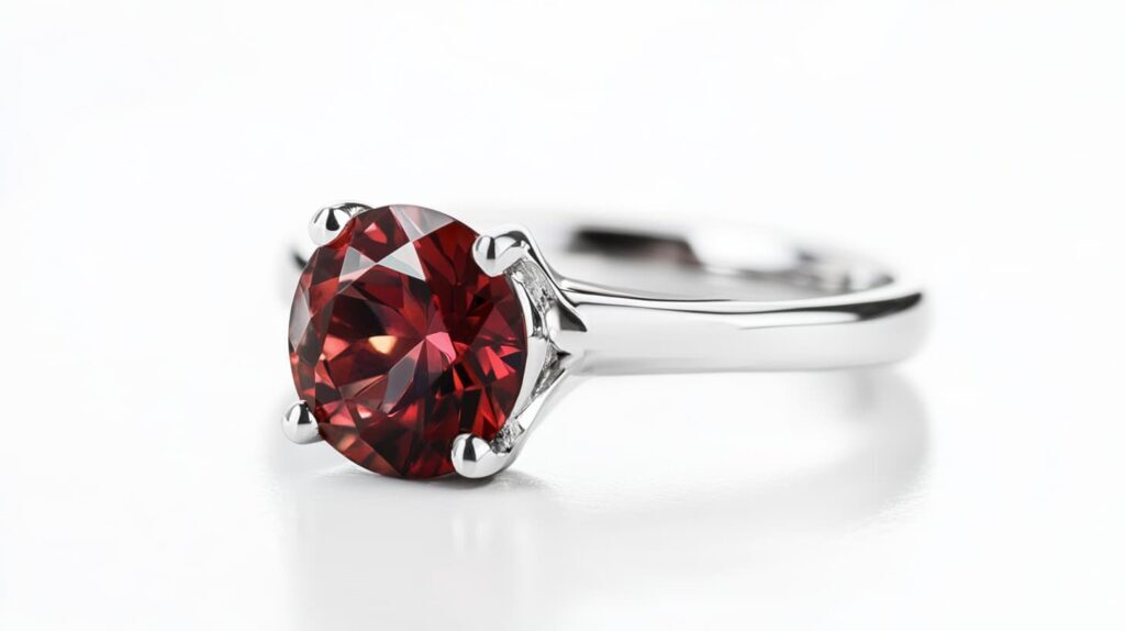 Elegant white gold engagement ring featuring a round-cut red spinel gemstone in a classic prong setting.