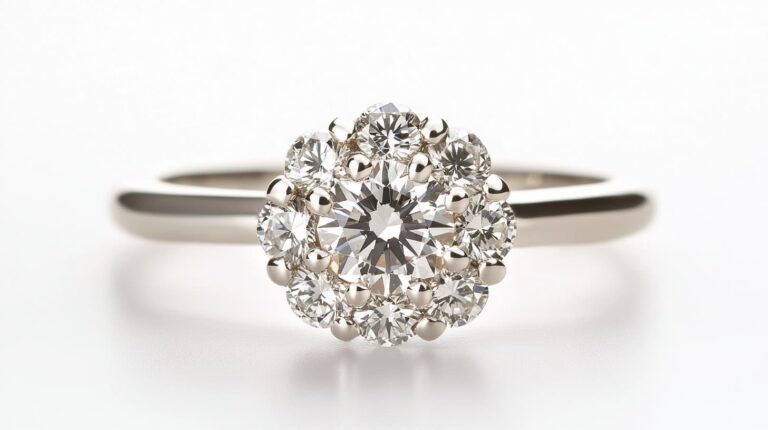 Round diamond cluster engagement ring with a central diamond surrounded by smaller diamonds in a symmetrical pattern.