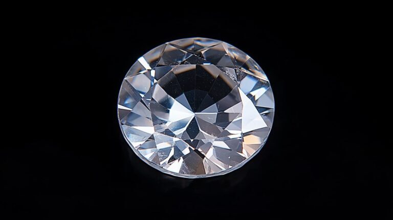 Round faceted danburite gemstone showcasing exceptional clarity and diamond-like brilliance against a black background.