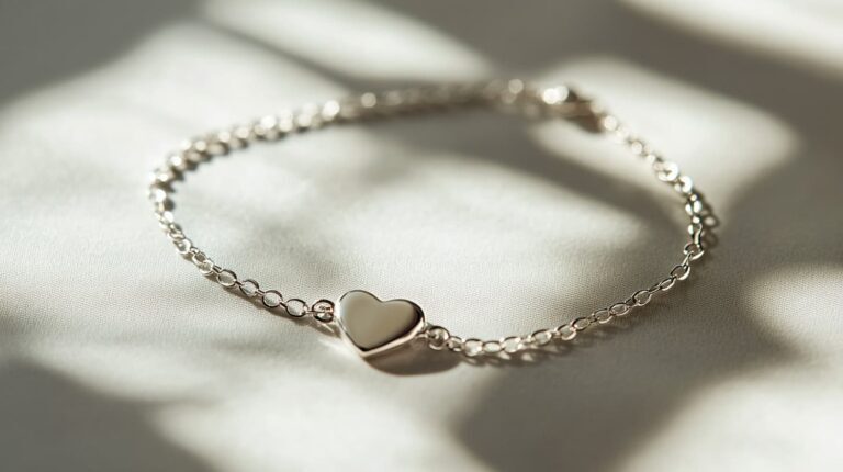 Minimalist silver bracelet with a small heart charm, representing love and friendship, displayed on a soft fabric background.