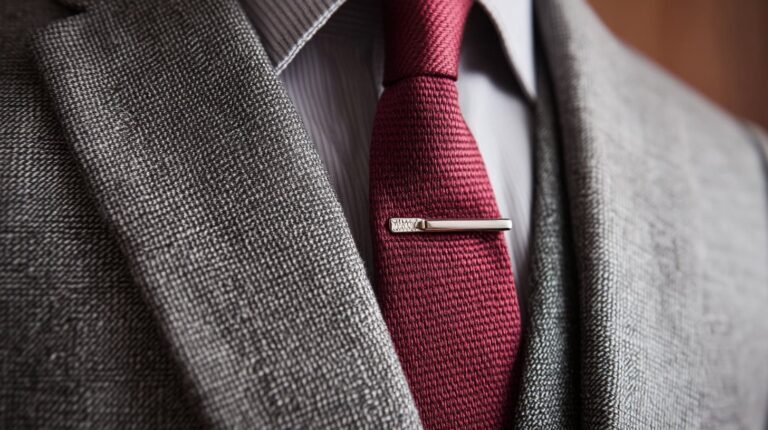 Silver tie bar clipped to a red textured tie worn with a gray blazer, illustrating formal styling with bold color contrast.