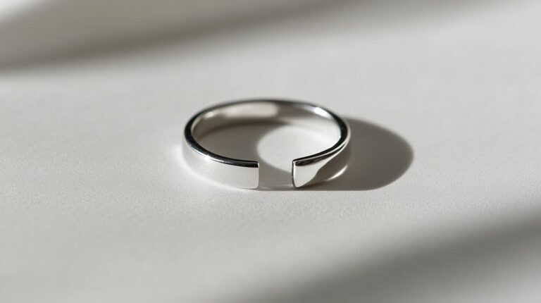 Minimalist sterling silver adjustable toe ring on a smooth white surface, reflecting modern and elegant design.