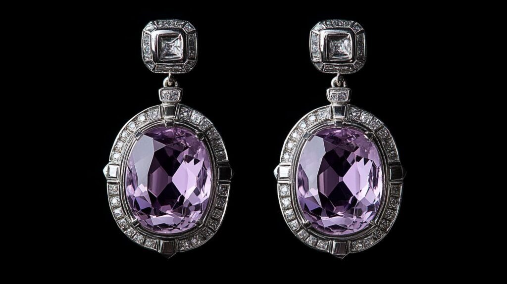 A pair of elegant earrings featuring oval-cut purple Taaffeite gemstones surrounded by sparkling diamonds, set in white gold, displayed on a black background.