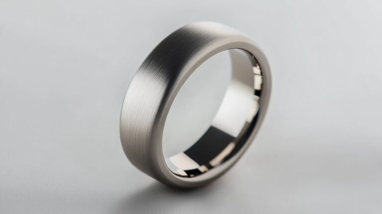 Matte finish tantalum wedding band with a minimalist design, emphasizing the metal's hypoallergenic properties and scratch resistance.