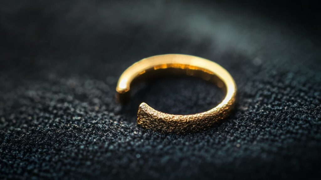 Close-up of a textured gold adjustable toe ring resting on a dark textured surface, showcasing its elegant craftsmanship.
