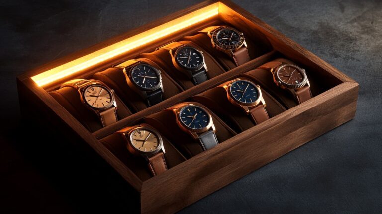Elegant wooden watch box showcasing a collection of leather-strap timepieces with illuminated lighting, emphasizing craftsmanship and design.