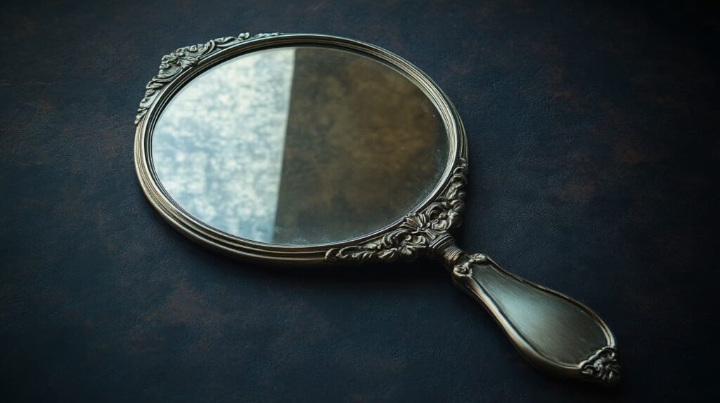 Vintage silver hand mirror with an ornate floral design on the handle, reflecting antique craftsmanship and elegance.