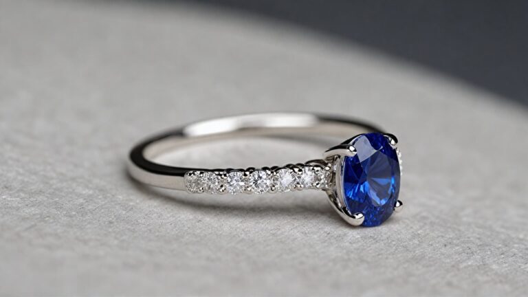 Round-cut blue sapphire engagement ring with a diamond-accented band in white gold, combining elegance and sparkle.