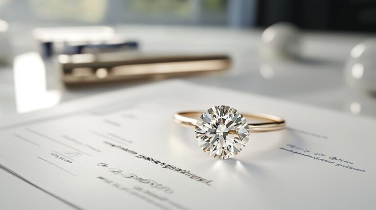 A Canadian diamond engagement ring with a gold band placed on an official certification document, emphasizing its authenticity and ethical sourcing.