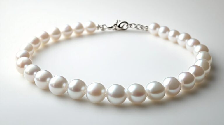 Elegant white pearl necklace with a silver clasp, displayed on a white background.