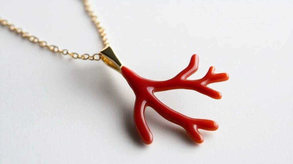 Stylish red coral branch pendant necklace with a gold chain, showcasing a natural coral-inspired design.