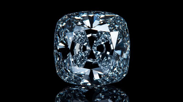 A loose cushion cut diamond with exceptional brilliance and intricate faceting, set against a black background.