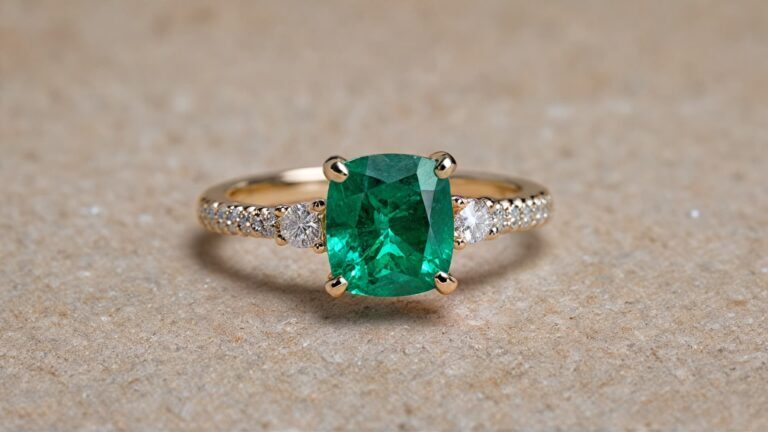 A stunning cushion-cut emerald engagement ring featuring a three-stone design with round diamonds set in yellow gold, symbolizing past, present, and future love.