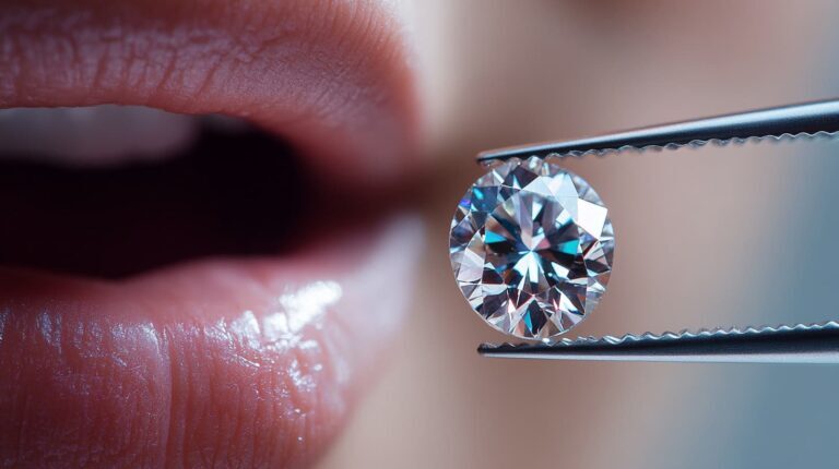 A person performing the diamond fog test, exhaling on a gemstone held by tweezers to check its authenticity using thermal conductivity.