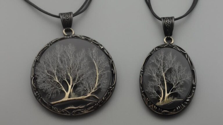 Gutta-percha mourning pendants with intricate engraved tree designs, reflecting Victorian-era mourning jewelry craftsmanship.