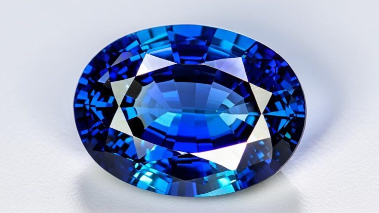 Close-up of a faceted blue sapphire gemstone, enhanced through heat treatment to achieve deep blue color and improved clarity.