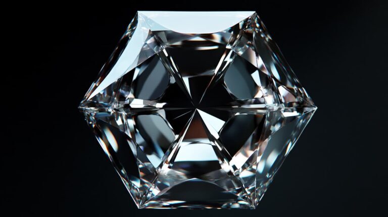A detailed close-up of a hexagon-cut diamond against a dark background, showcasing its intricate faceting and symmetrical brilliance.