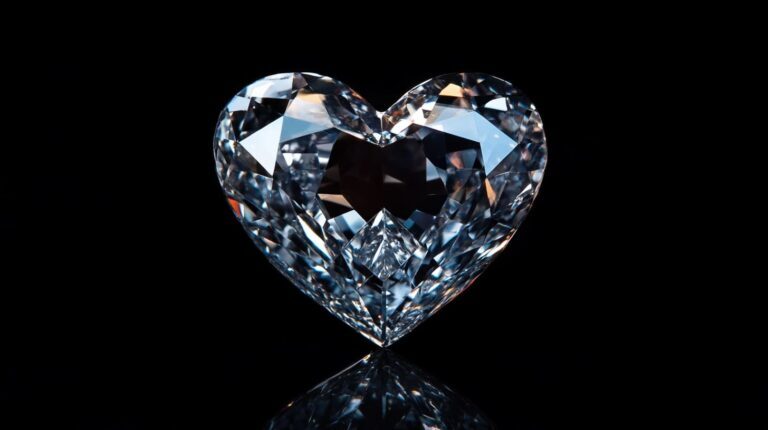 A beautifully cut heart-shaped diamond displayed against a black background, showcasing its intricate facets and exceptional brilliance.