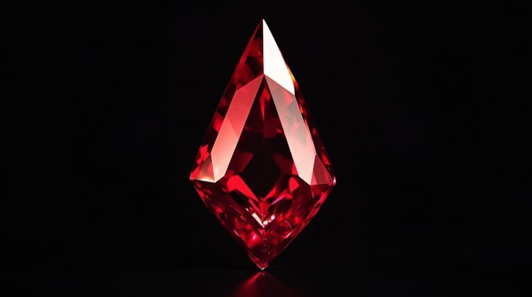 A stunning loose kite-cut red gemstone with precise facets, glowing against a dark background and showcasing its vibrant color and brilliance.