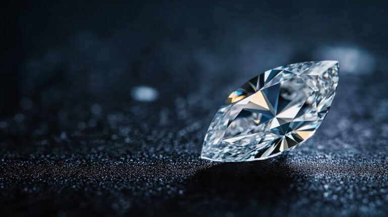 A loose marquise cut diamond placed on a dark surface, highlighting its exceptional faceting, brilliance, and elongated shape.